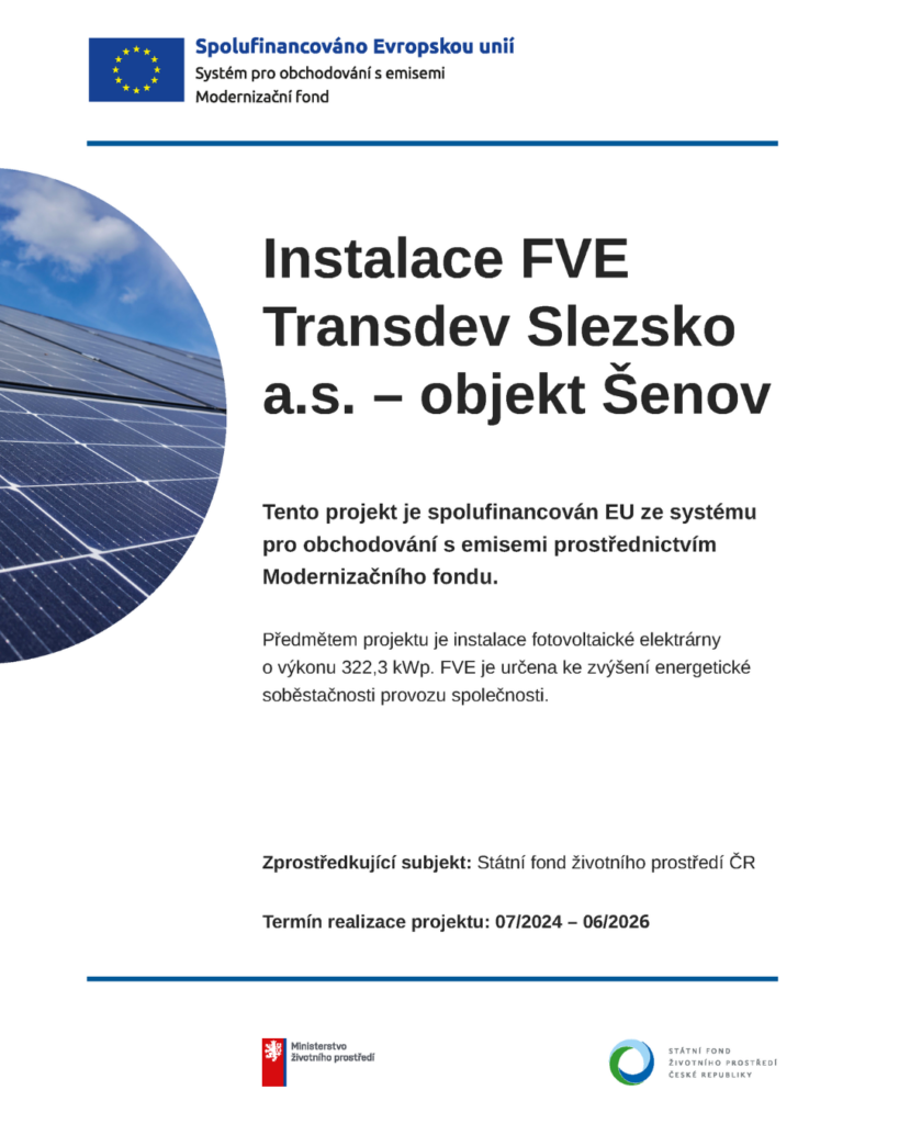 Instalace FVE Transdev Slezsko a.s. objekt Šenov s podporou EU