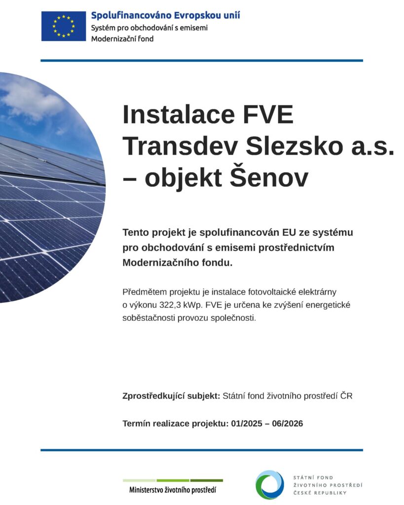 Instalace FVE Transdev Slezsko a.s. objekt Šenov s podporou EU